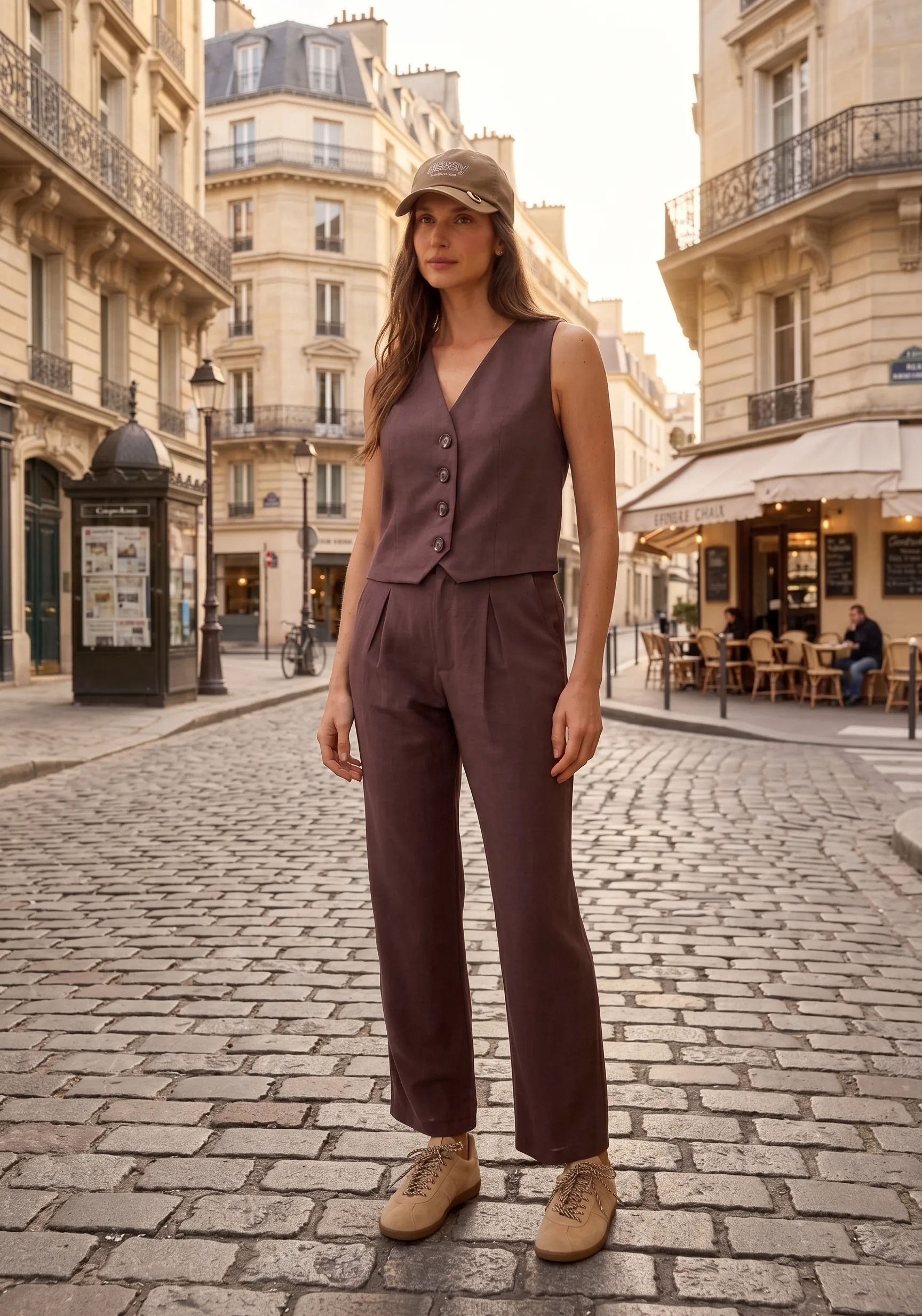 Easy — conjunto linho vinho, calçamento paralelepípedos, Paris